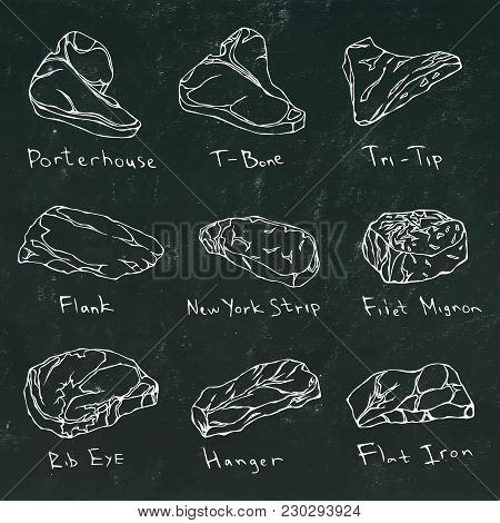 Steak Types Set. Beef Cuts On A Black Board. Meat Guide For Butcher Shop Or Steak House Restaurant M