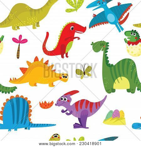 Lovely Seamless Pattern With Funny Dinosaurs In Cartoon. Backgroundl For Cards, Invitations, Party,