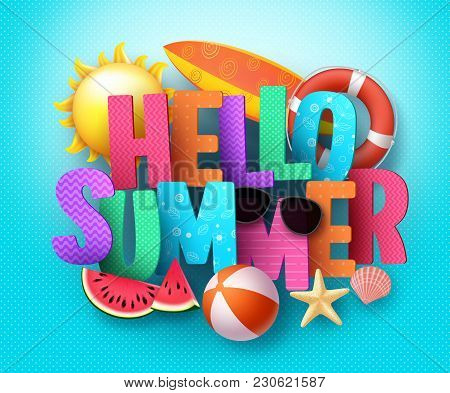 Hello Summer Vector Banner Greeting Design With 3d Text Typography And Colorful Beach Elements In Bl