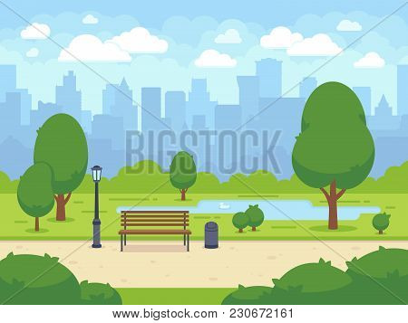 City Summer Park With Green Trees Bench, Walkway And Lantern. Town And City Park Landscape Nature. C