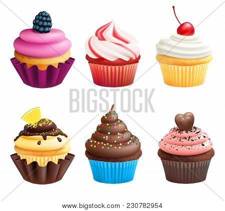 Realistic Vector Illustrations Of Cupcakes. Sweets For Birthday Party. Sweet Dessert Food And Birthd