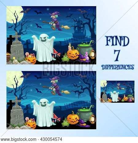 Find Difference, Halloween Cartoon Game Or Spot Puzzle, Vector. Kids School Or Preschool Find Differ