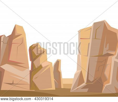 Stone Brown Rocky Landscape. Deserted Place. Rocky Cliffs. Peaks Of The Mountains. Isolated On White