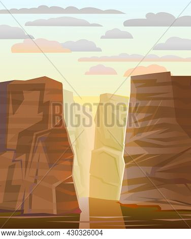 Rocky Mountain Gorge. Stone Rocky Landscape. River With Reflection. High Peaks And Cliffs. Sky With 