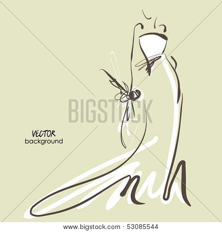 art sketch #7 of beautiful young  bride in white dress and with the bride's bouquet. Vector background with space for text.