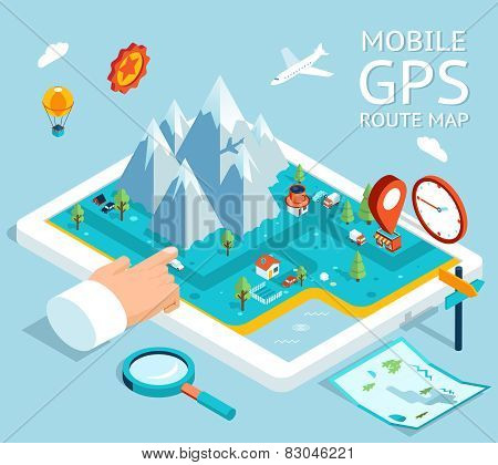 Isometric mobile GPS navigation flat map