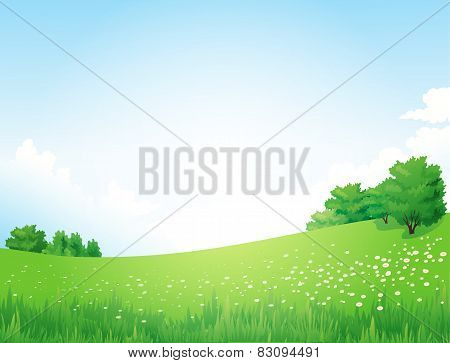 Green Landscape with trees clouds flowers