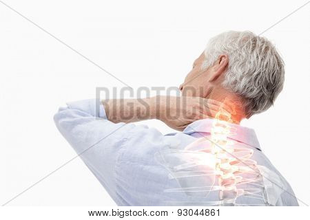 Digital composite of Highlighted spine pain of man