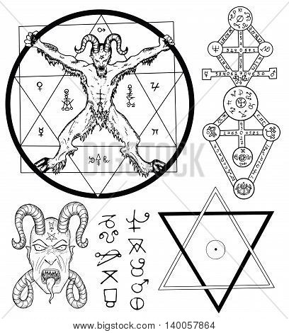 Magic set with Devil, Satan, pentagram and mystic symbols. Collection of sketch illustrations with mystic and occult hand drawn symbols. Halloween and esoteric concept