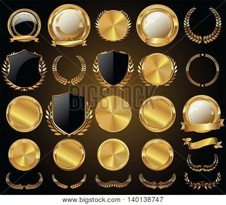 Vector medieval golden shields laurel wreaths and badges collection