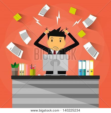 Stressed cartoon businessman in pile of office papers and documents tearing his hair out. Office workplace with pc monitor. Stress at work. Overworked. Vector illustration in flat design on red background.