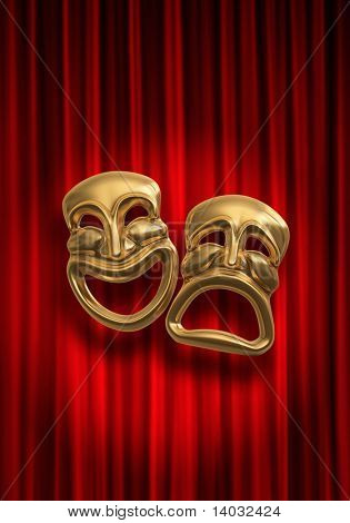 Classical comedy-tragedy theater masks against a red theatre curtain