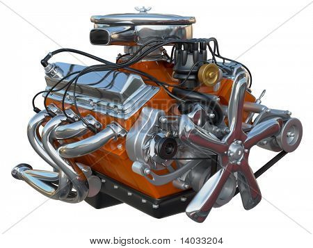 A high performance v8 engine on a white background no clipping path included.