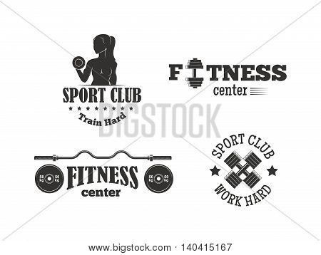 Set of monochrome gym fitness emblems, labels, badges, logos and designed elements. Gym fitness logo muscle body weight bodybuilding. Strong people club vector gym fitness logo set.