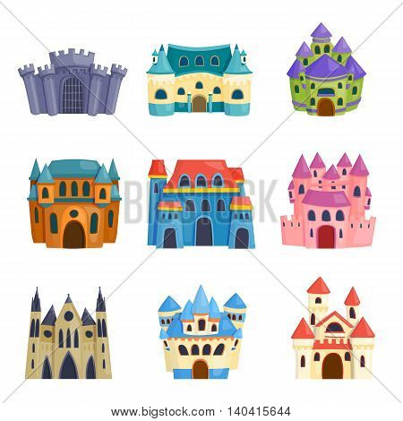 Cartoon fairy tale castle tower icon. Cute cartoon castle architecture. Vector illustration fantasy house fairytale medieval castle. Princess cartoon castle cartoon stronghold design fable isolated.