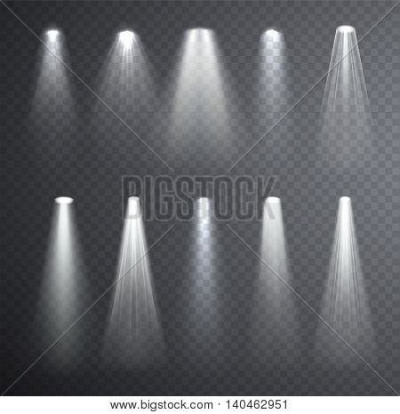 Bright white light beam. Glowing light effects isolated on checkered transparent background. Set of spotlights lighting.