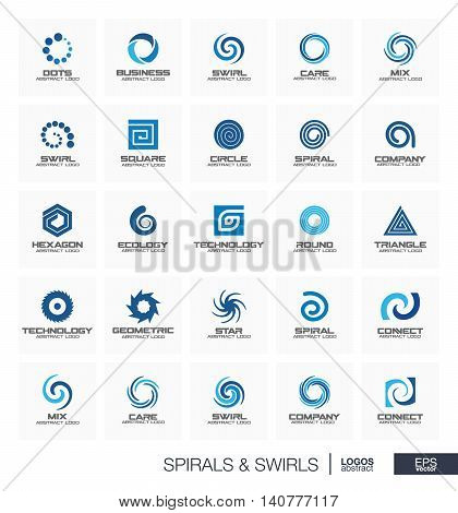 Abstract logo set for business company. Corporate identity design elements. Wave, circle, spring, rotation, segment connect concept. Spiral, swirl, whirlpool logotype collection. Colorful Vector icons