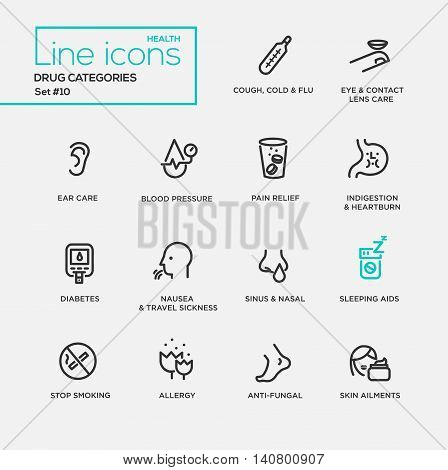 Drugs categories - modern vector plain simple thin line design icons and pictograms set. Cough, flu, eyes, ear care, blood pressure, pain relief, indigestion, diabetes, nausea, nasal, sleeping aids