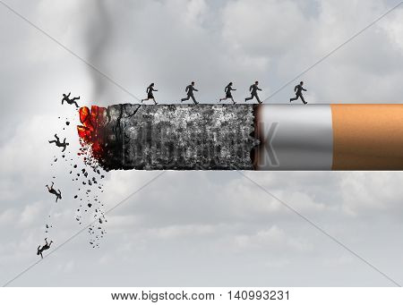 Smoking death and danger concept as a cigarette burning with people falling and escaping the hot burning ash as a metaphor for toxic smoke exposure causing lung cancer and lethal health risks with 3D illustration elements.