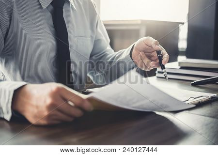 Judge Gavel With Justice Lawyers, Businessman In Suit Or Lawyer Working On A Documents In Courtroom.