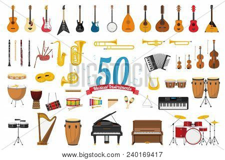 Vector Illustration Set Of 50 Musical Instruments In Cartoon Style Isolated On White Background