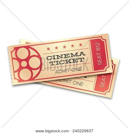 Two Cinema Or Theater Realistic Tickets With Barcode. Admit Now Coupons For Pair Entrance. Vector Co