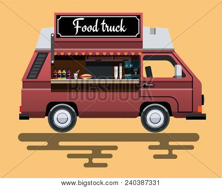 Street Fast Food Machine In A Flat Style. Fast Food Truck City Car. Fast-food Car. Street Food Truck