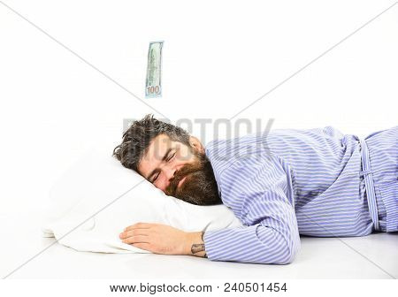 Man With Sleepy Smiling Face Lies On Pillow, Sleeps. Hipster With Beard And Mustache Sleeping, Dream