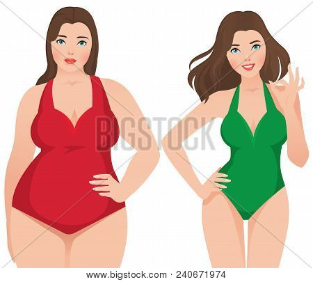 Before And After Weight Loss Fat And Slim Woman On A White Background Vector Illustration