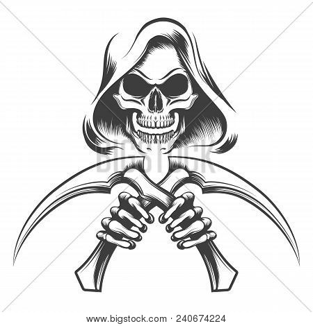 Skull In A Hood With Scythe Knives In Hands Drawn In Tattoo Style. Vector Illustration.