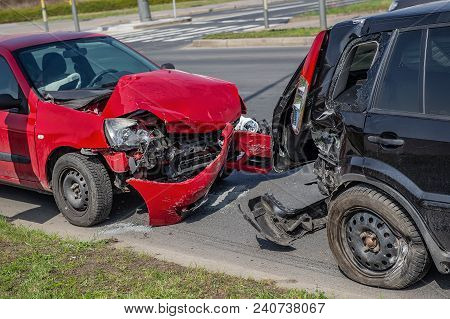 Car Crash Accident On Street, Damaged Automobiles After Collision In City, Two Cars In City Street