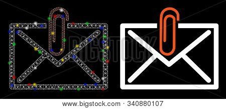 Glossy Mesh Mail Attachement Icon With Glare Effect. Abstract Illuminated Model Of Mail Attachement.