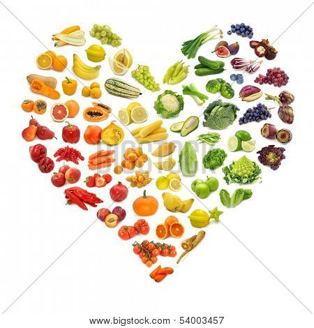 Rainbow heart of fruits and vegetables