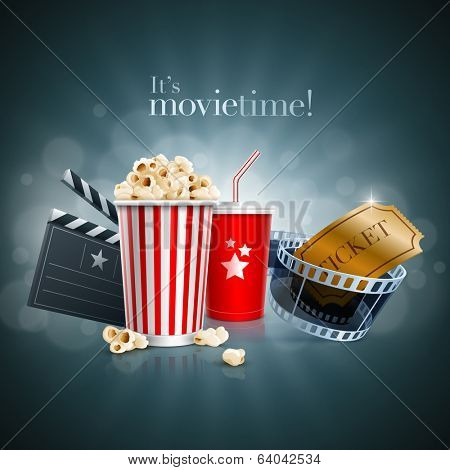 Popcorn box, disposable cup for beverages with straw, film strip, ticket and clapper board. Detailed vector illustration. EPS10 file.