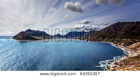 South Africa bay view, panoramic landscape of Capetown, aerial view on Atlantic sea, majestic scene of mountains, beauty of nature concept