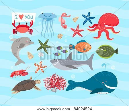 Vector cute sea animals. Dolphin and whale, octopus, turtle