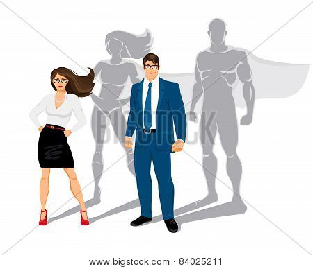 Businessman and business woman office superheroes