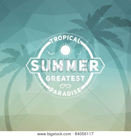 Retro Summer Vintage Label On Colorful Background. Tropical Paradise, Beach Vacation, Adventure And