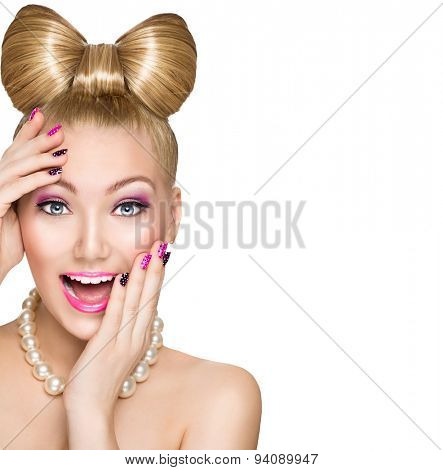 Beauty fashion happy surprised model girl with funny bow hairstyle, pink nail art and makeup isolated on white background. Laughing retro styled young woman. Emotions