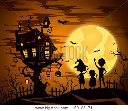 Halloween party castle in mystic spooky forest at night. Halloween castle on the tree on a background of the full moon. Night silhouettes of bats. Halloween concept. Cartoon halloween illustration. Halloween night design concept. Halloween castle.