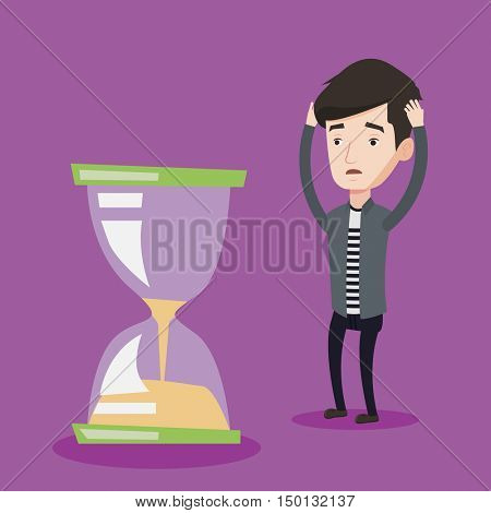 Desperate caucasian businessman looking at hourglass. Young stressed businessman worrying about deadline terms. Concept of time management and deadline. Vector flat design illustration. Square layout.