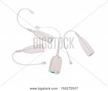 Dsl internet connection cables separated on white background