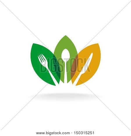 Natural organic food logo with cutlery silhouette and color overlay leaves. Vegan food concept. Farm fresh meal symbol.