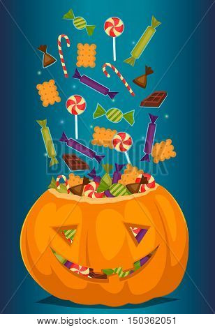 Halloween pumpkin full of candy treats. Cartoon pumpkin. Symbol of halloween design concept. Halloween vector elements. Beggars Night october holiday. All Hallows Evening. Halloween concept. Funny scary halloween pumpkin.