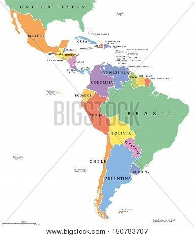 Latin America single states political map. Countries in different colors, with national borders and English country names. From Mexico to the southern tip of South America, including the Caribbean.