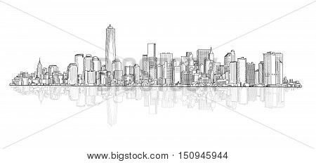 City panoramic skyline view. City scene architectural buildings vector sketch. Urban vector cityscape.