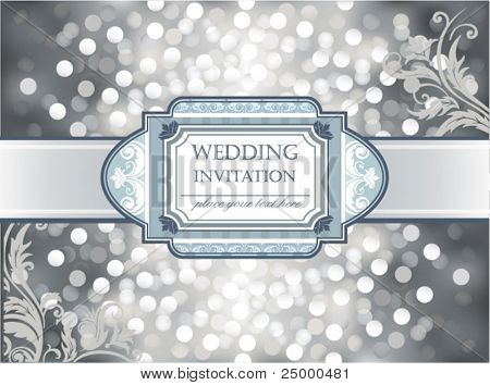 Amazing Wedding invitation or greeting card on silver glittering background. Vector illustration