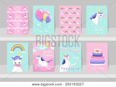 Big Set Of Cute Unicorn Cards. Motivational And Inspirational Posters With Unicorns. Born To Be A Un