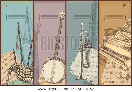 musica tema banner - strumenti disegno - cornamusa, banjo, tromba, pianoforte