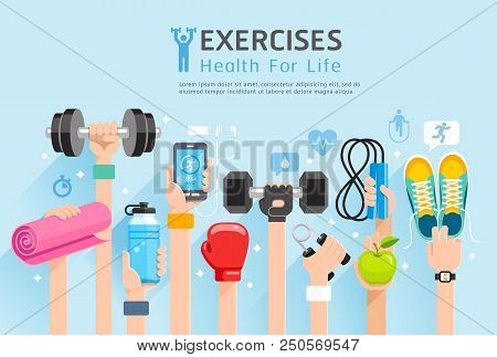 Exercises Conceptual Design. Set Of Exercises Hands. Vector Illustrations.